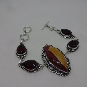 Natural "MOOKAITE JASPER & RUBY" Handmade Sterling Bracelet 7.5" #729